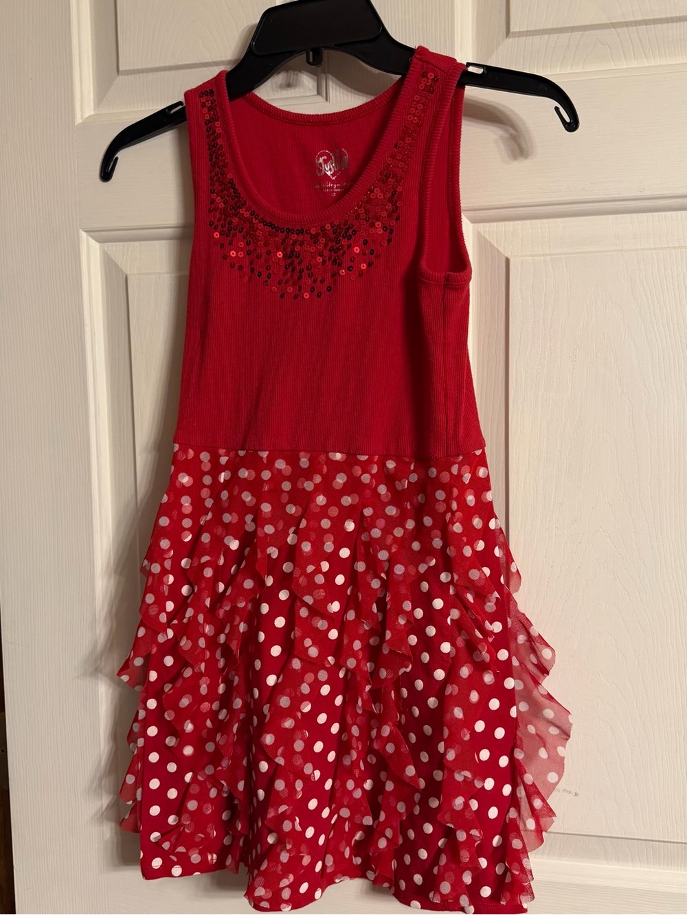 Justice Red Sequin & Polka Dot Tulle Ruffle Dress Size 12 Girls